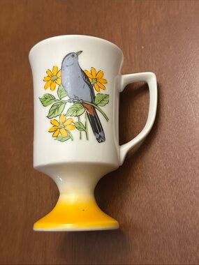 Vintage Gray Bird & Yellow Floral Footed Ceramic Mug Made in Japan